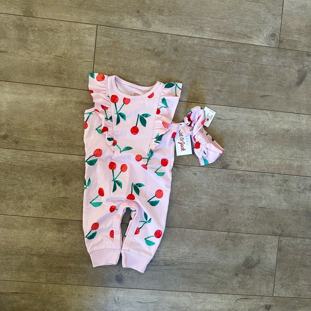 New Cat & Jack Baby Girl 0-3 Months Cherry Romper & Headband Accessorym - Picture 2 of 7